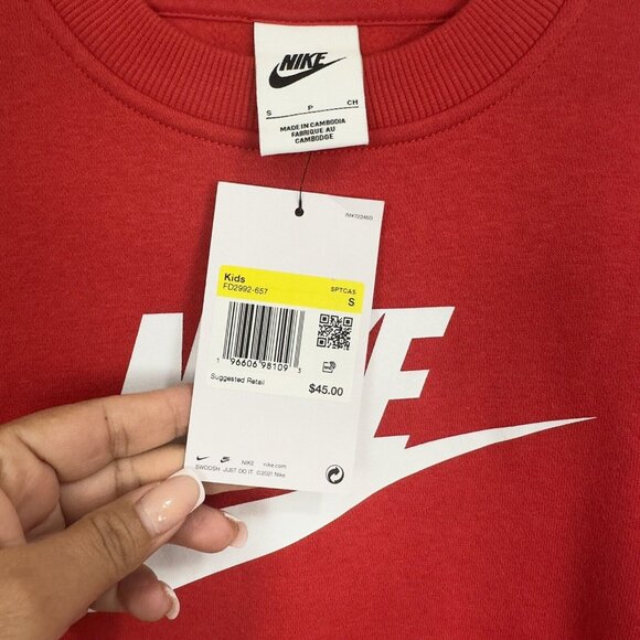 Nike Kids Small Red Sweatshirt Long Sleeve Logo Classic Standard Print -NEW - Picture 3 of 10